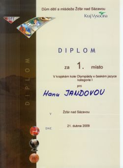 diplom - krajské kolo olympiády v Čj